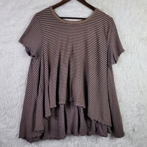 We The Free S Taupe & Blue Stripe Linen Blend Tunic Shirt Boho Oversized Beachy